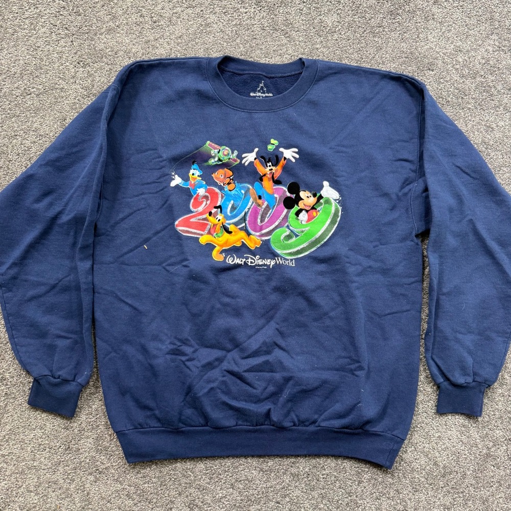 Walt Disney World 2009 Mickey Mouse Crewneck Sweatshirt Navy Blue Mens L Hanes